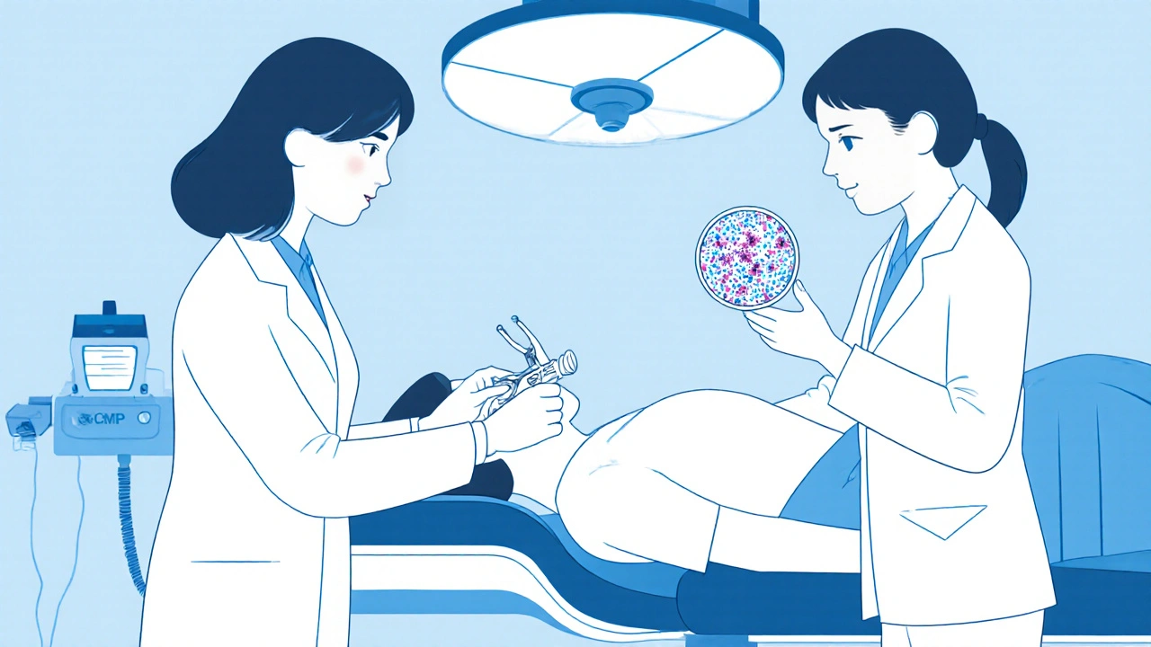 Gynekolog provádí vyšetření s aplikátorem a zobrazuje mikroskopické buňky kvasinek.