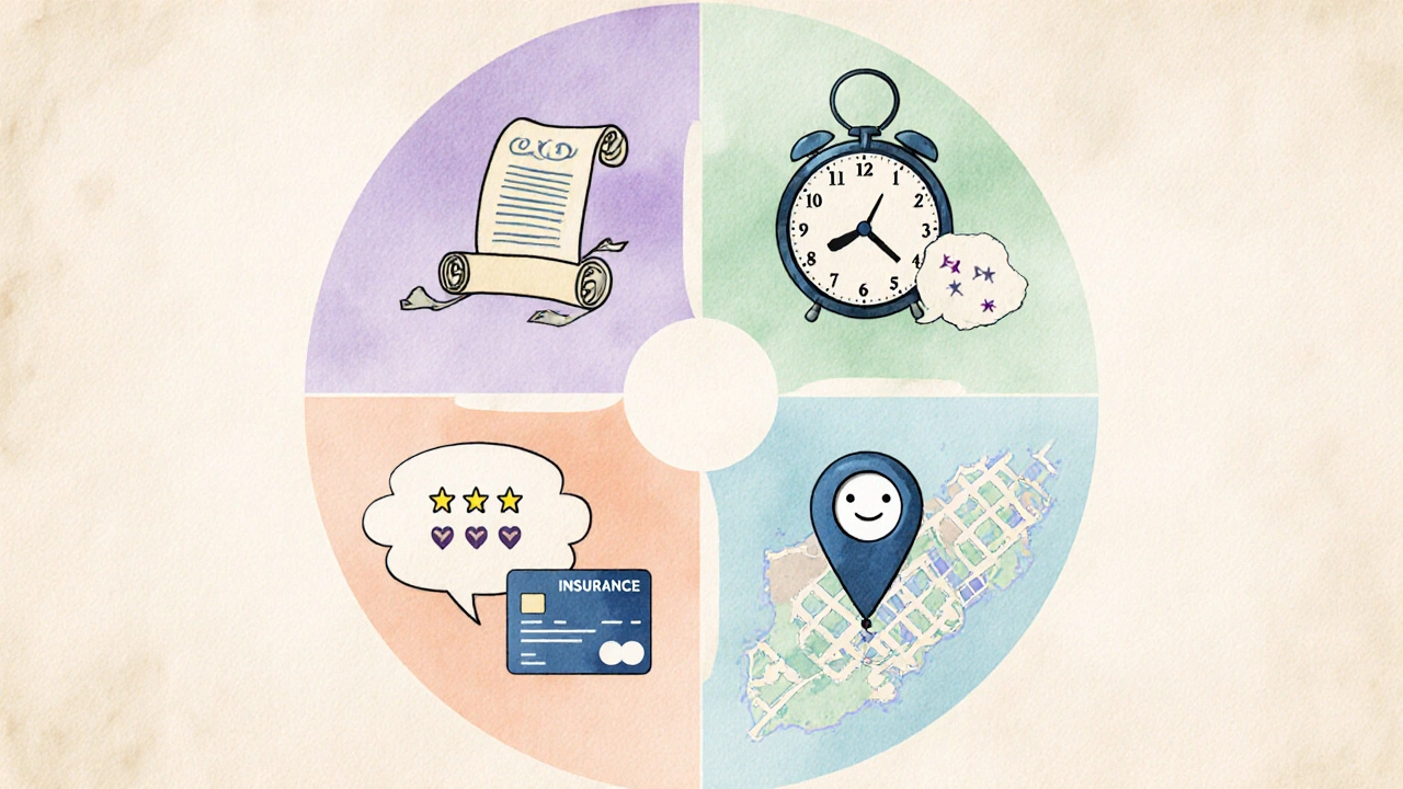 Ikony představují pět kritérií při výběru gynekologa.