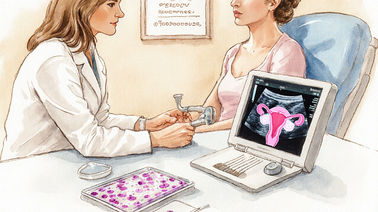 Lékařka provádí gynekologické vyšetření s odběrem Pap testu a ultrazvukem.