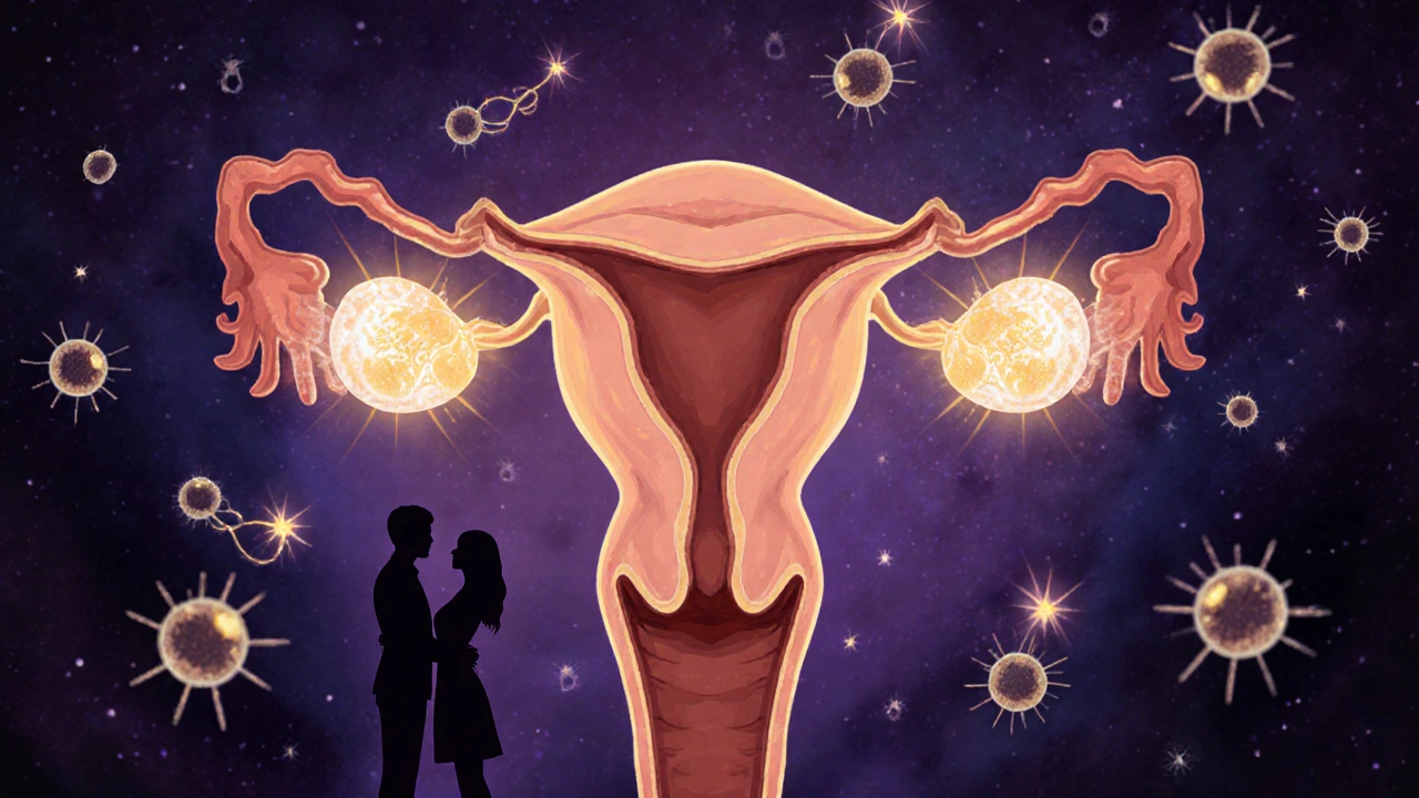 Mikroskopický pohled na vaječníky s více folikuly zářícími zlatým světlem, hormony jako hvězdy kolem.