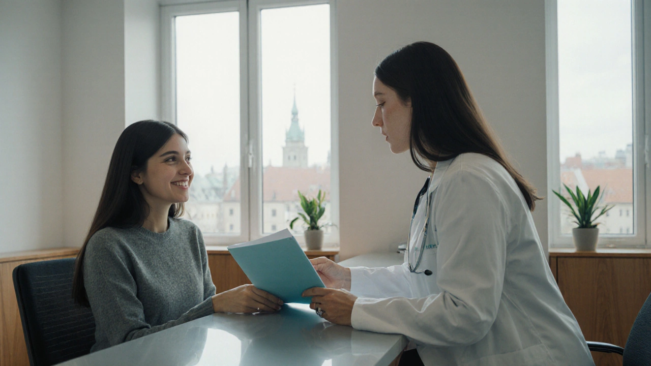 Pacientka předává dokumenty lékaři v moderní klinice.