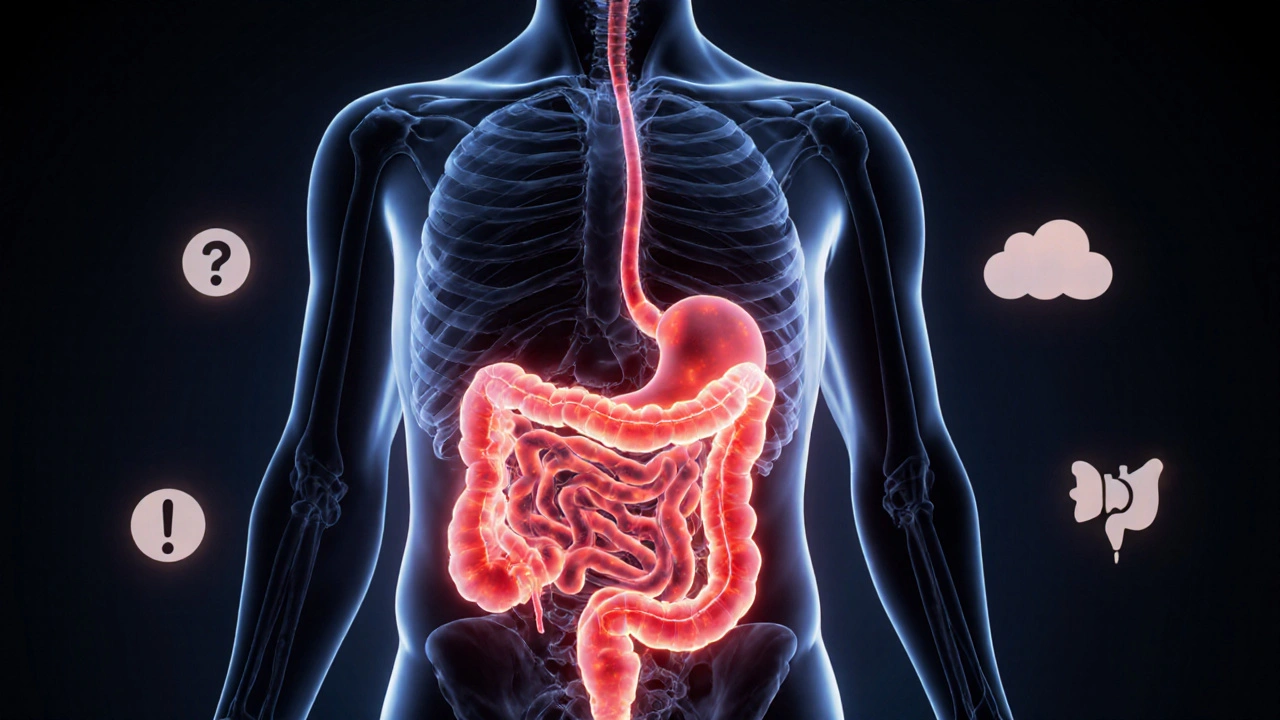 Průhledný lidský trup s červenými uzly v břišních orgánech, symbolizující skrytou rakovinu, kterou lidé přehlížejí.