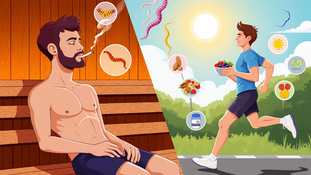 Rozdělená scéna kontrastující nezdravý (sauna, kouření) a zdravý (běh, bobule) životní styl a jejich vliv na spermie.