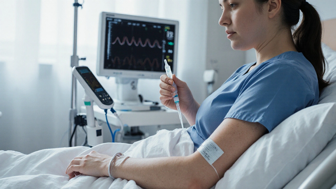 Sestra připravuje intravenózní infuzi oxytocinu, monitorování kontrakcí.