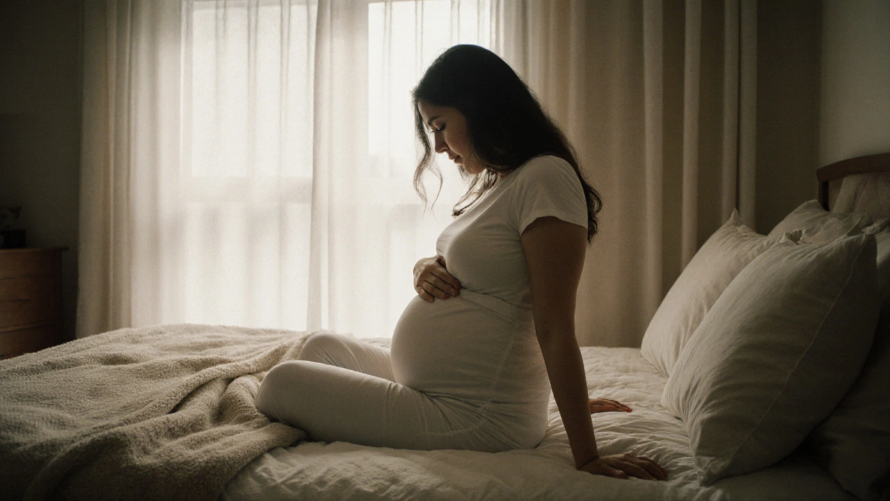 Těhotná žena pomalu vstává z postele, opírá se o ruce a podporuje břicho.