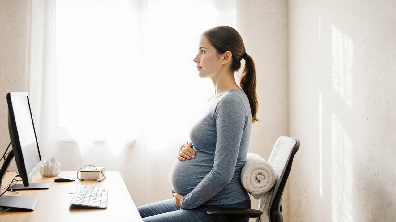Těhotná žena sedí se správnou postavou s podporou záda a nohama na podložce.