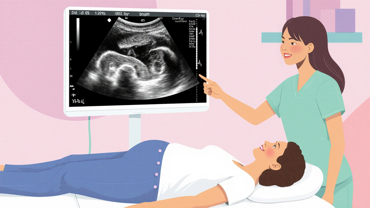Ultrazvukové zobrazení embrya v 13. týdnu s měřením CRL.