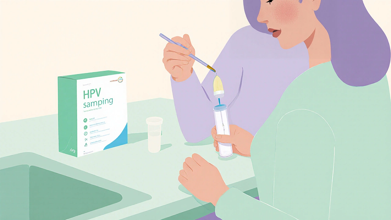 Žena doma používá self‑sampling soupravu pro HPV test, drží vzorkovací kartáček.