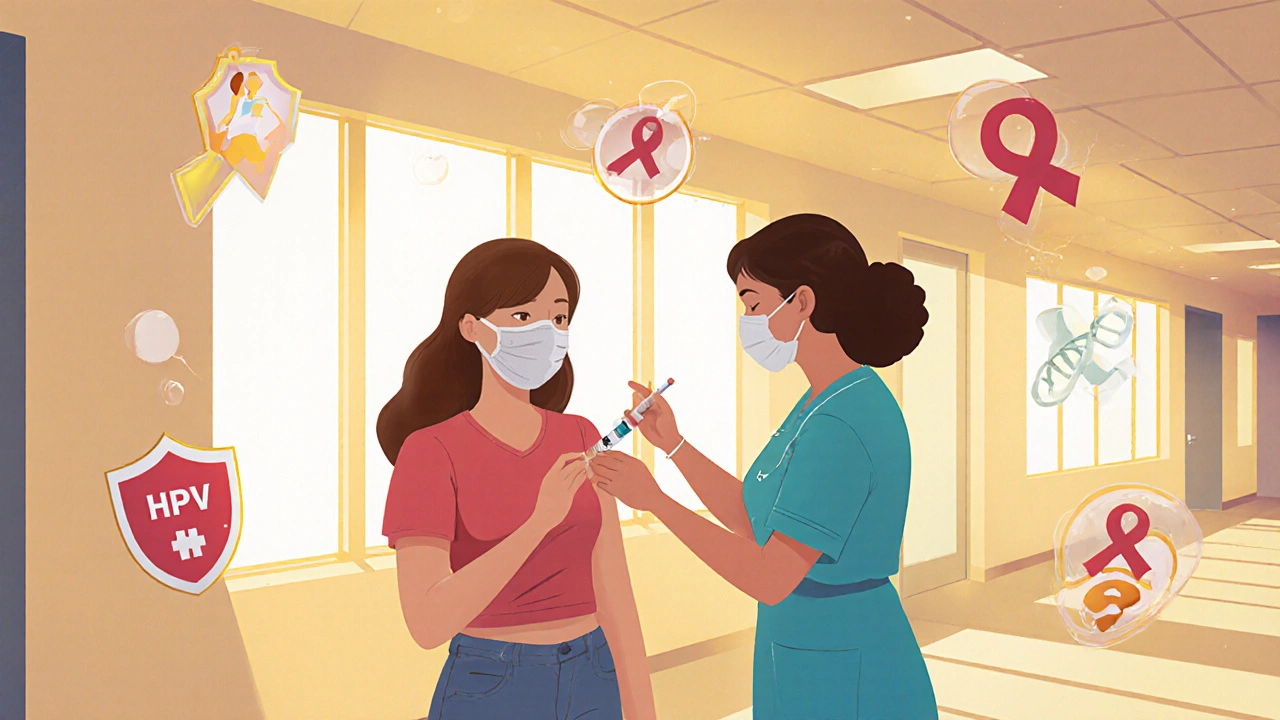 Žena dostává HPV vakcínu v slunečné klinice.
