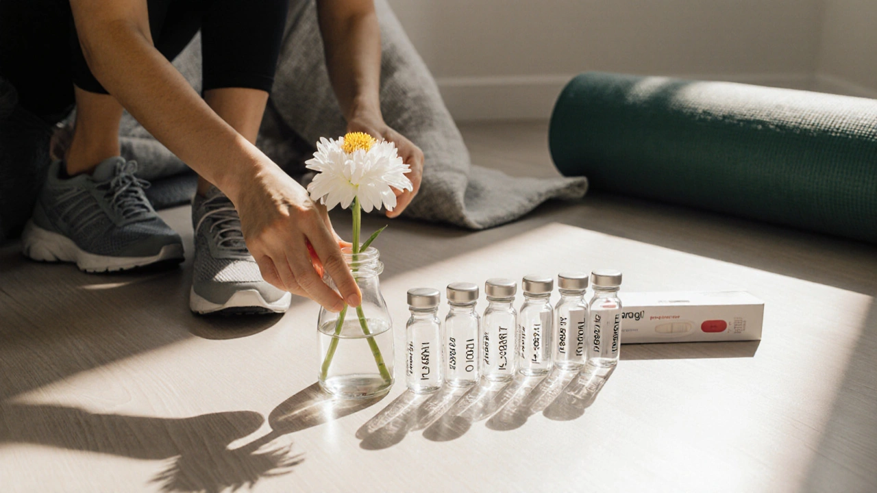 Žena klade bílý květ do vázy vedle prázdných injekčních lahviček, sluneční světlo a jemná nálada naděje.
