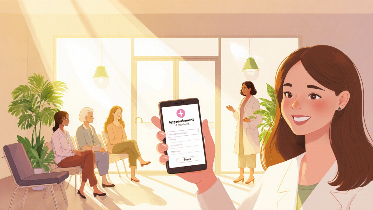 Žena si na telefonu objednává návštěvu kliniky, zatímco za ní je sluncem zalité přív welcoming čekárna s různými ženami.