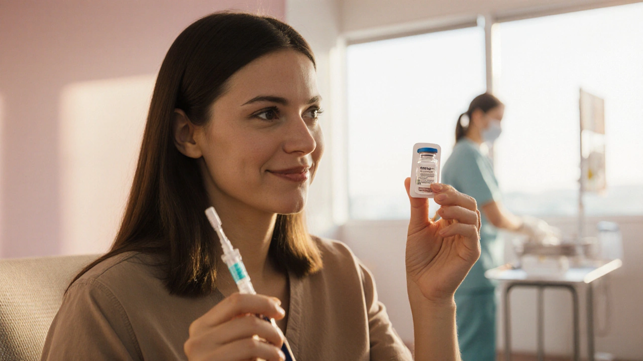 Žena v klinice drží vakcínu proti HPV a nástroj na Pap test, vyzařuje sebejistotu.