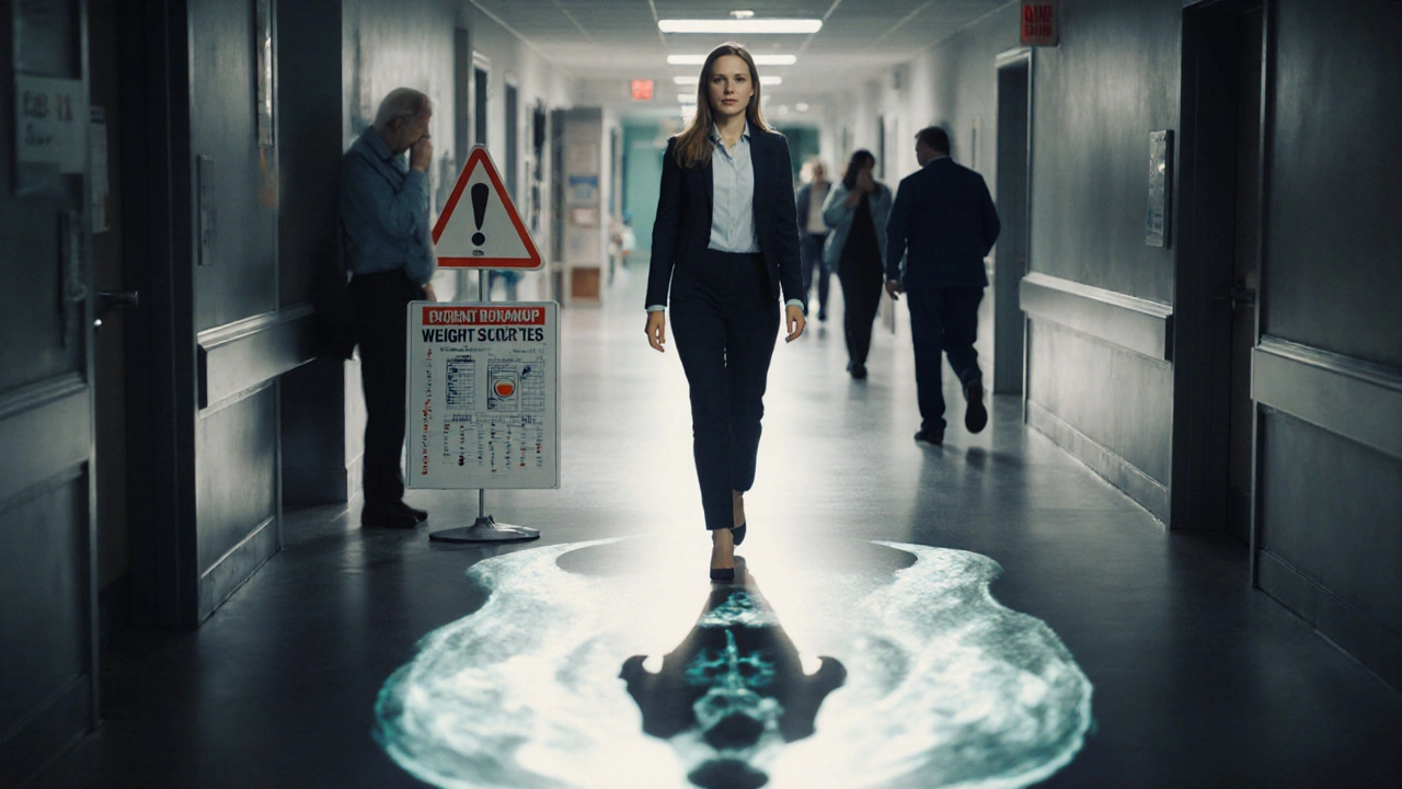 Žena v nemocnici, její stín tvoří lékařský obrázek nádoru, zatímco kolem ní lidé ignorují varovné příznaky.