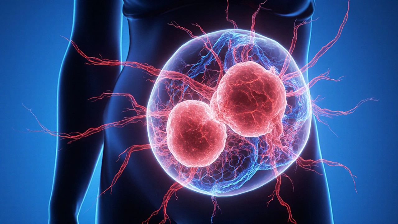 Abstraktní znázornění buněčného vývoje a krevního oběhu v raném těhotenství.