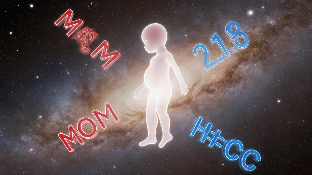 Abstraktní znázornění molekul PAPP-A a beta-hCG v kontextu rizika chromozomových vad.