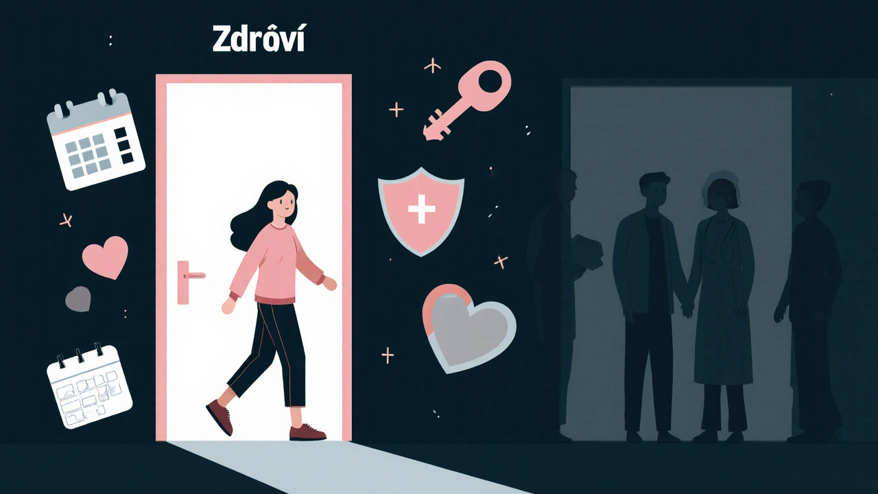 Dívka kročí z tmy do světla, symbolicky přijímající znalosti o svém těle.