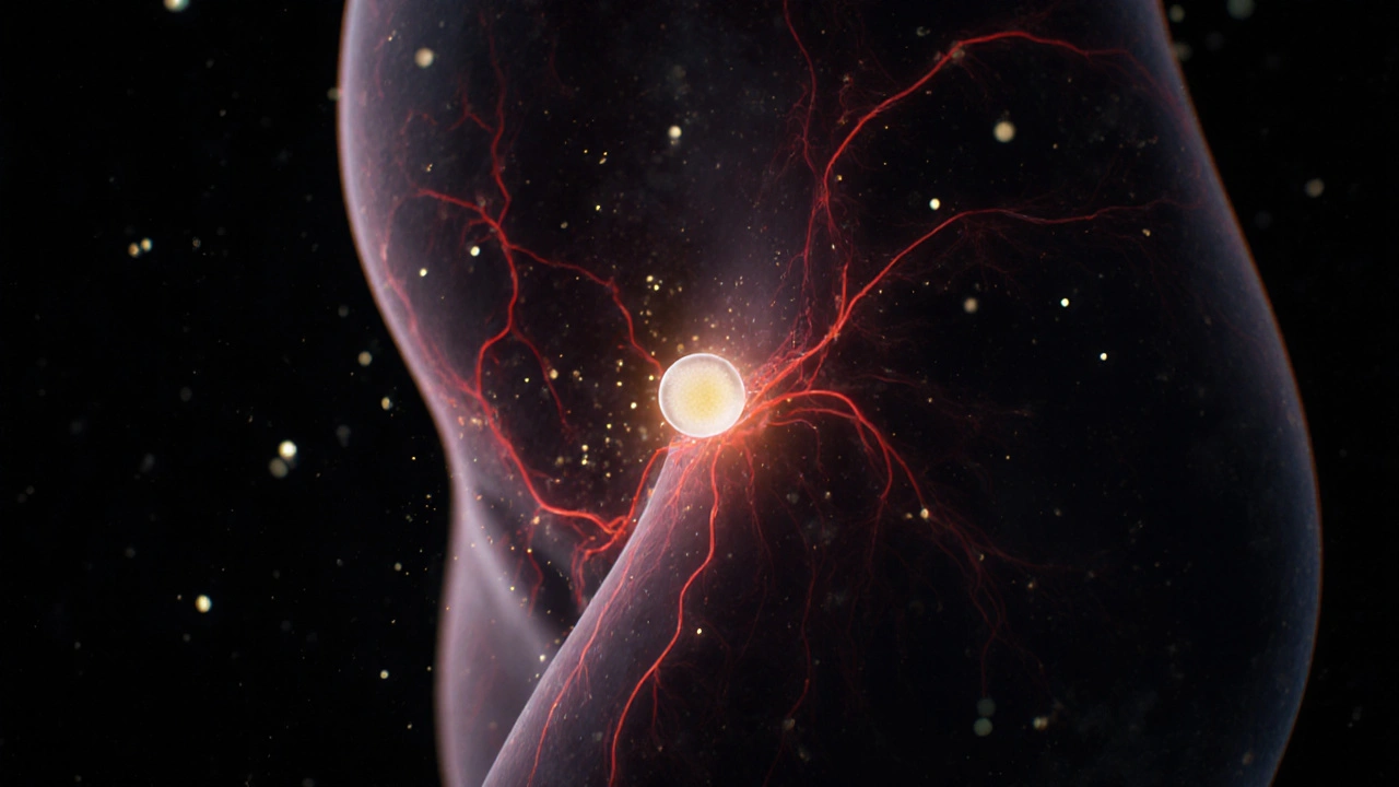 Embryo attaching to uterine wall with glowing hormonal signals