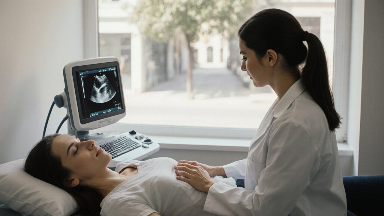 Gynekoložka provádí preventivní prohlídku pacientky v klidném prostředí.