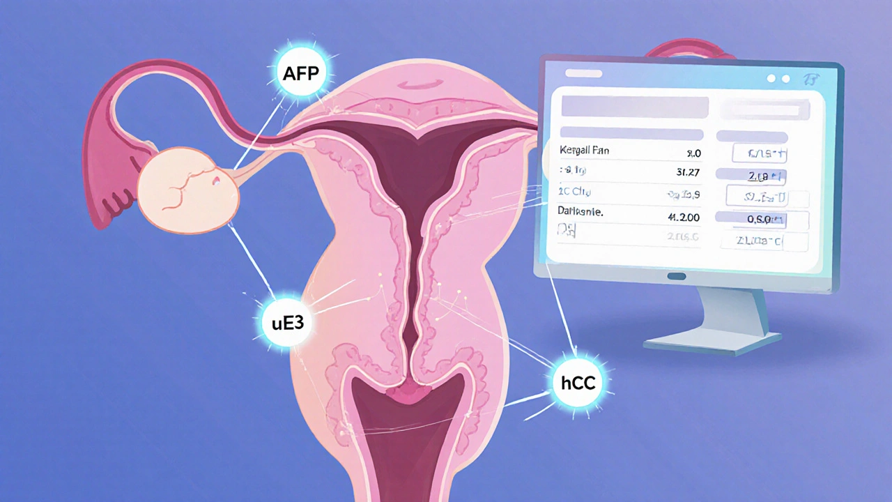 Ilustrace tří hormonů v krvi těhotné ženy a jejich vztah k plodu.