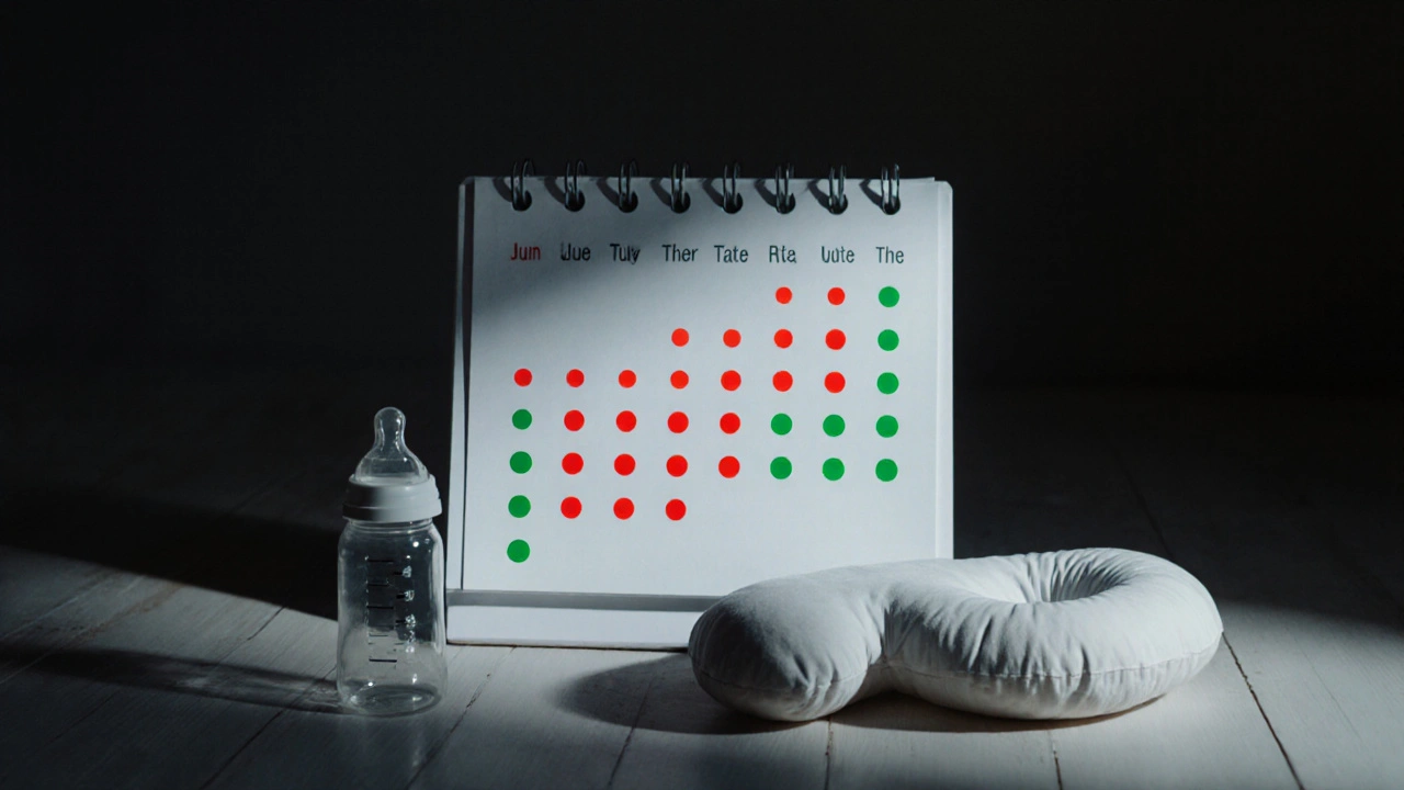 Kalendář s červenými a zelenými tečkami znázorňujícími různé časy návratu menstruace podle kojení.