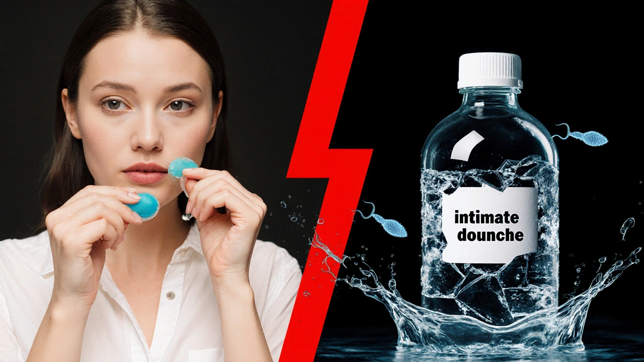 Kontrast mezi spolehlivými metodami antikoncepce a nebezpečným mýtem o vypláchnutí.