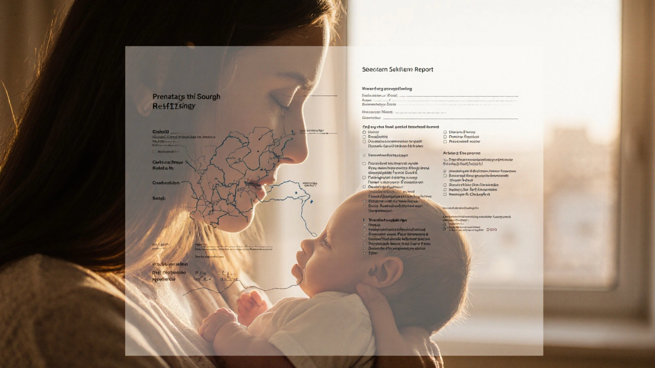 Matka drží novorozence, symbolizující klid po vysokém riziku získaném z PAPP-A testu.