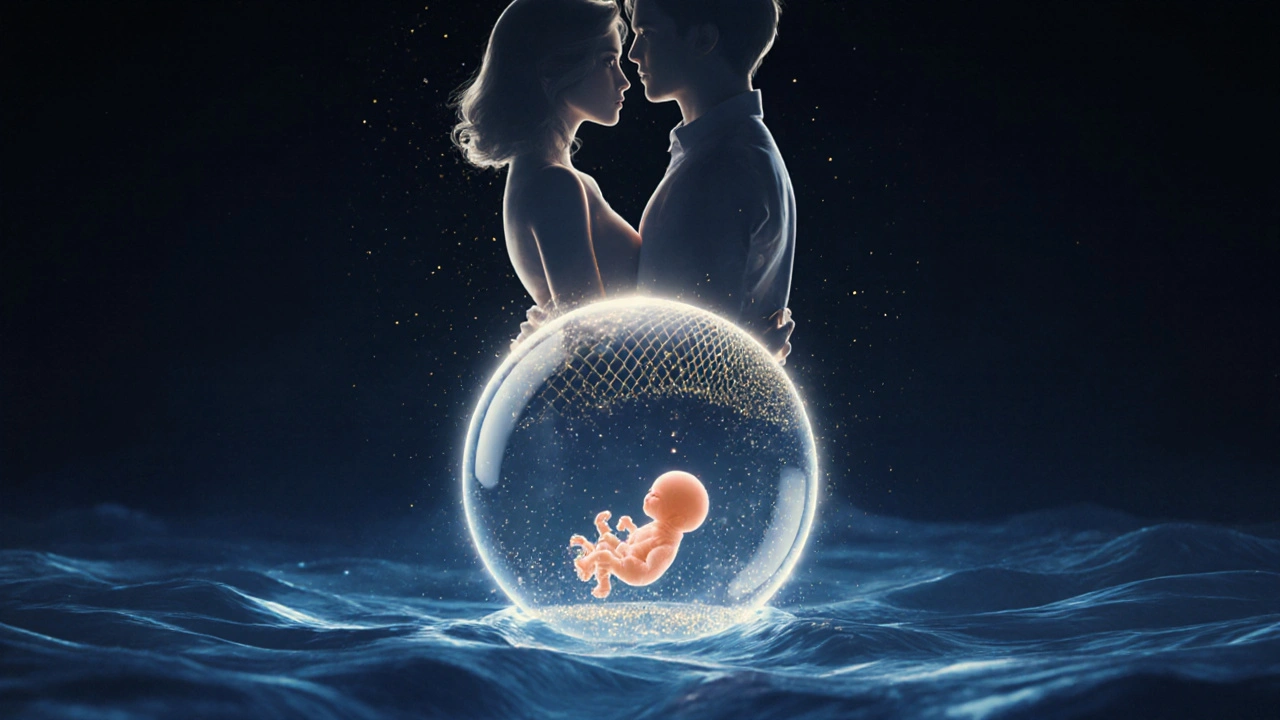 Miminko plave v klidné, světelné amniotické bublině, chráněné jemnou, zářivou strukturou, symbolizující bezpečí.