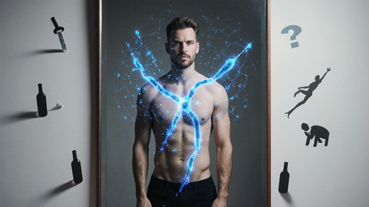 Muž v zrcadle vidí své zdravé spermie jako světelné útvary, zatímco špatné n习惯 zanikají.