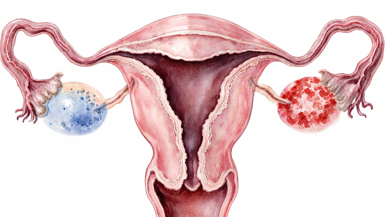 Přehledový náčrt vaječníků s dvěma typy cyst, anatomické detaily v vodových barvách.