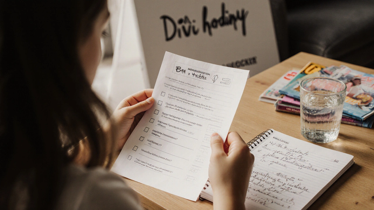 Ruka dívky drží seznam otázek o menstruaci a antikoncepci na stole.