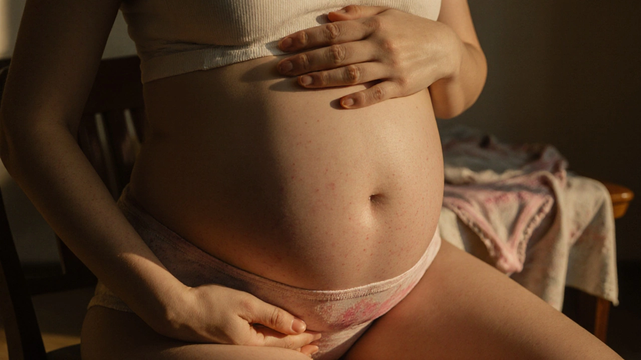 Ruka těhotné ženy leží na břiše, druhá se dotýká prsou, na židli leží podprsenka se stopami krvácení.