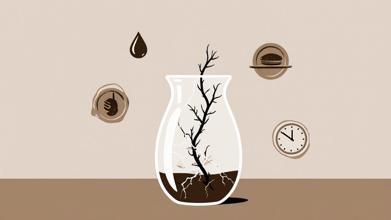 Skleněná váza s temnou oštěpovitou liánou, která ji rozšťoušťuje, symbolizující tichý růst nádoru.