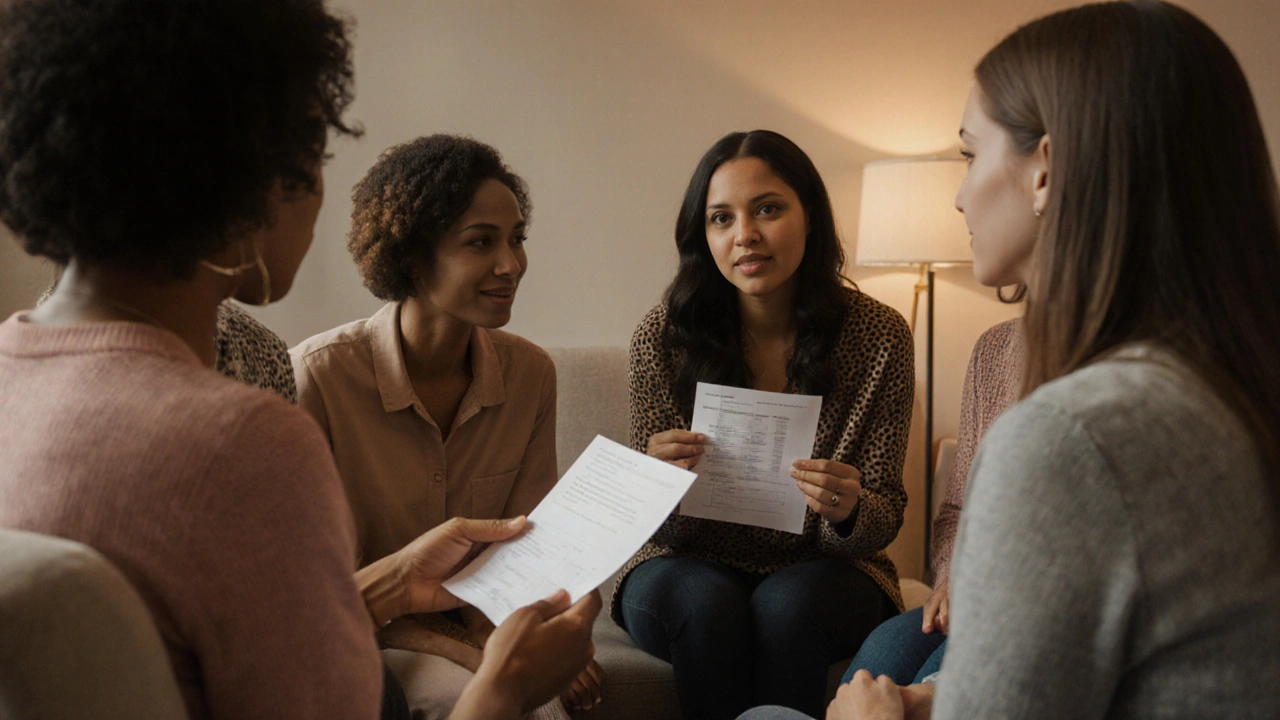 Skupina těhotných žen dostává poradenství od genetické poradkyně.