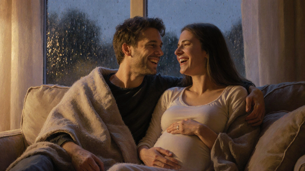 Těhotná žena a její partner se objímají na sofě ve večerním světle, s jemným pohybem miminka pod břichem.