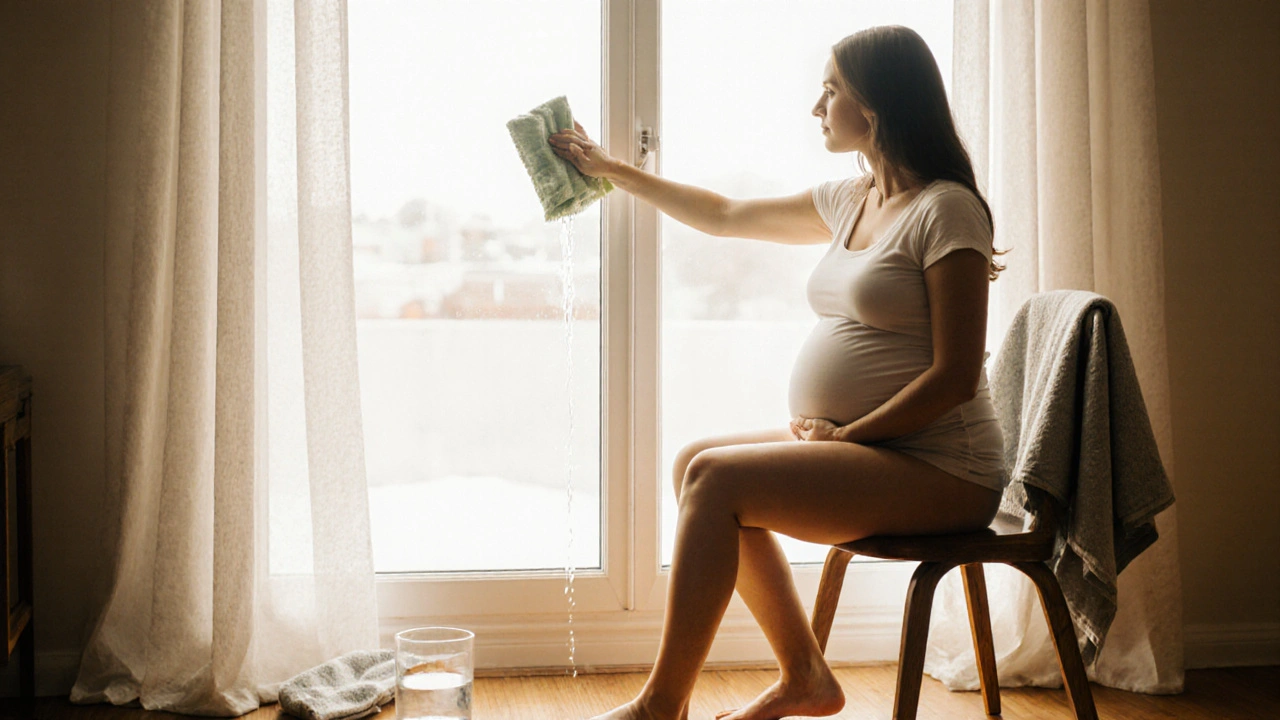 Těhotná žena jemně vymývá vnitřní stranu okna měkkým hadříkem a vodou.