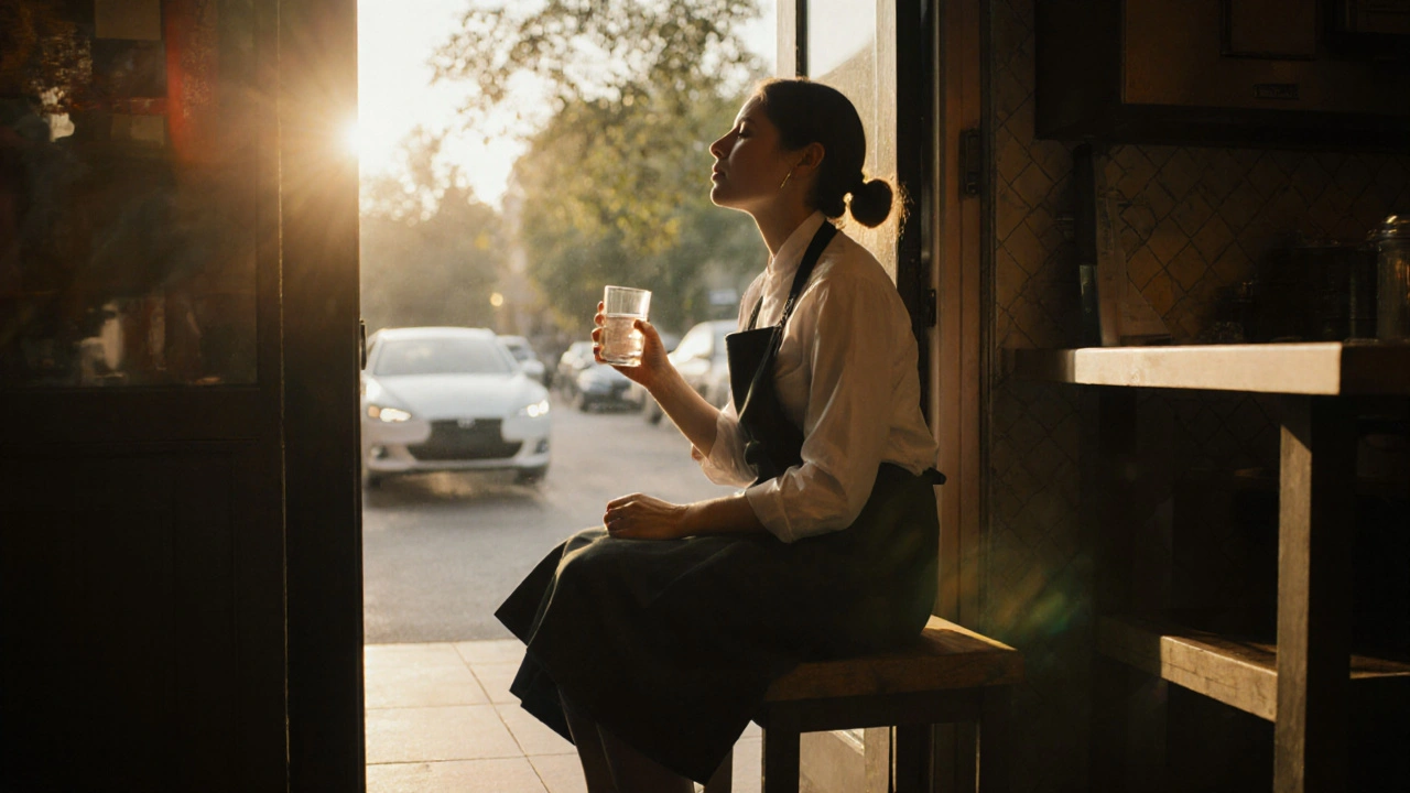 Těhotná žena odpočívá venku během pracovní přestávky v restauraci.
