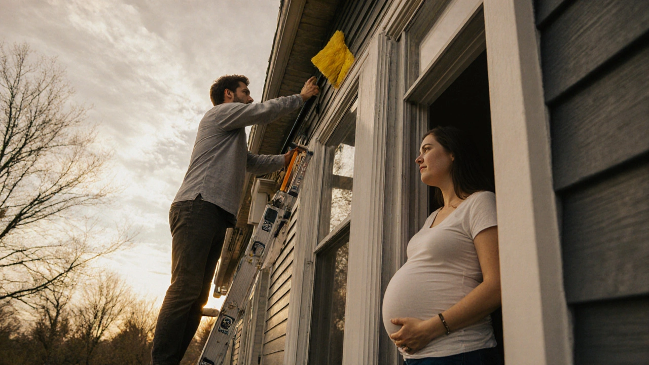 Těhotná žena pozoruje, jak ji její blízký čistí okna zvenku, bezpečně zevnitř domu.