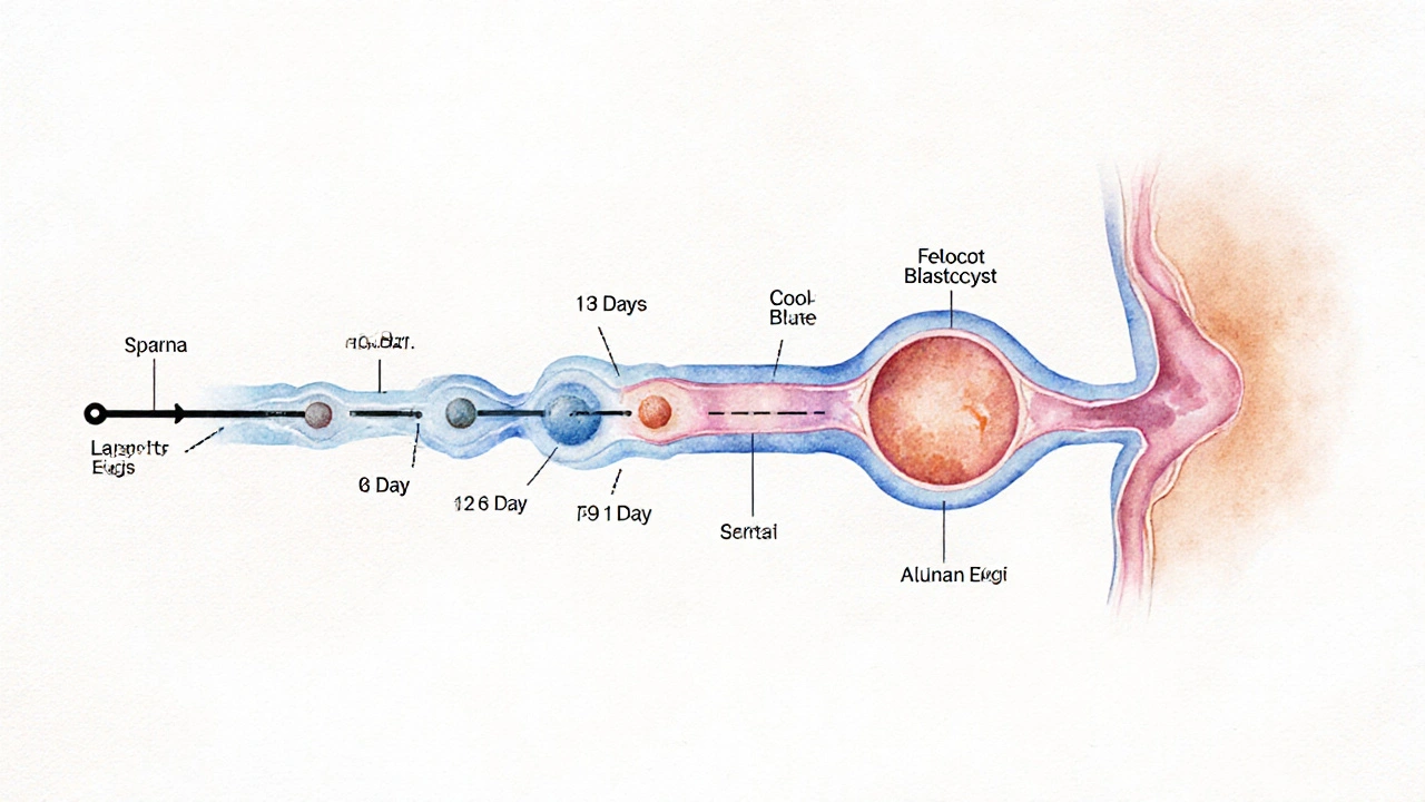 Timeline showing fertilized egg traveling to uterus over six days