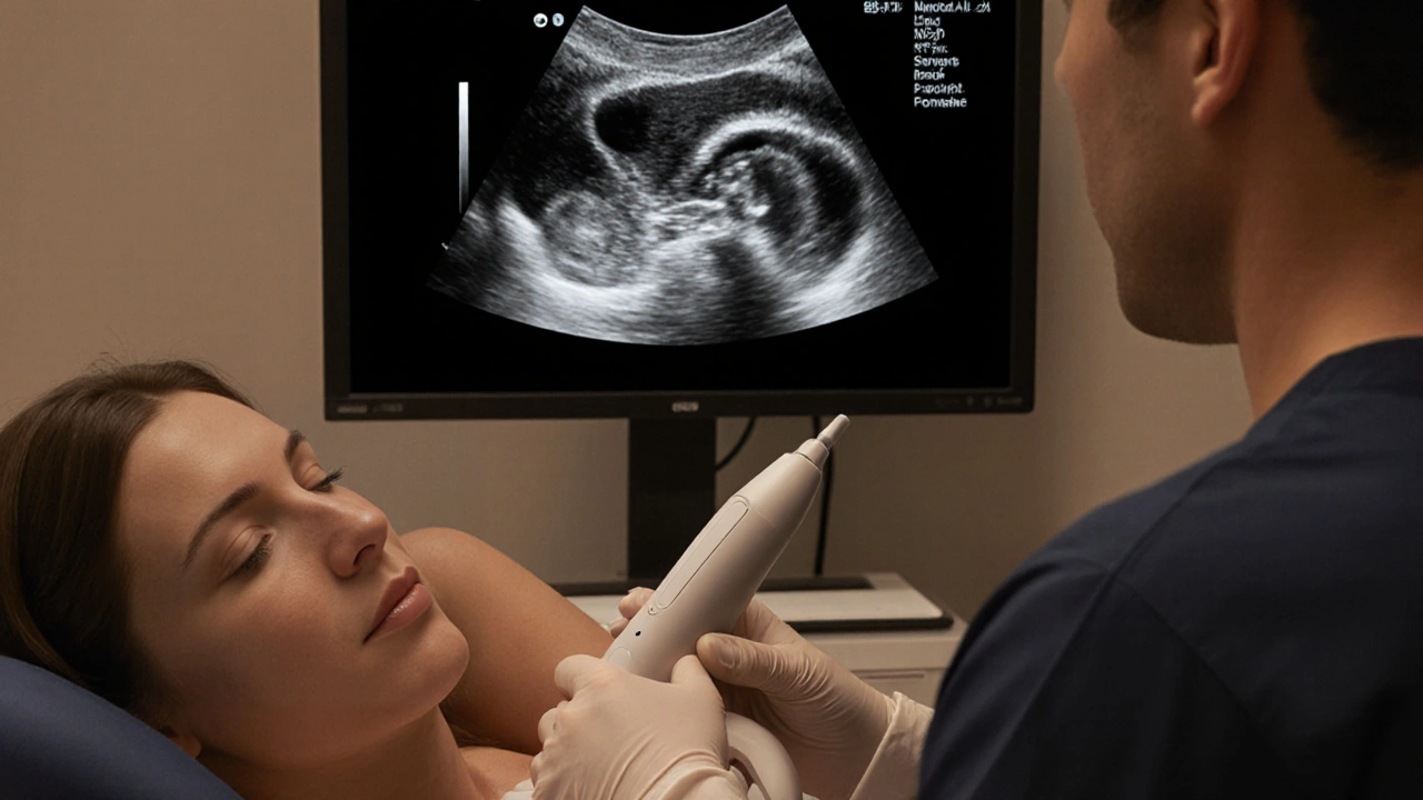 Transvaginal ultrasound showing abnormal ovary with irregular borders.