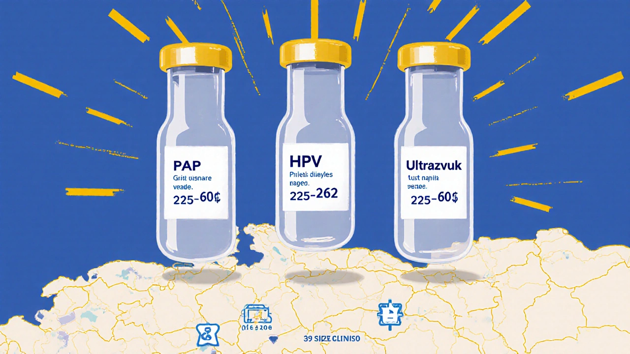 Tři skleněné lahvičky s testy nad mapou ČR s cenami zdarma a placené služby.