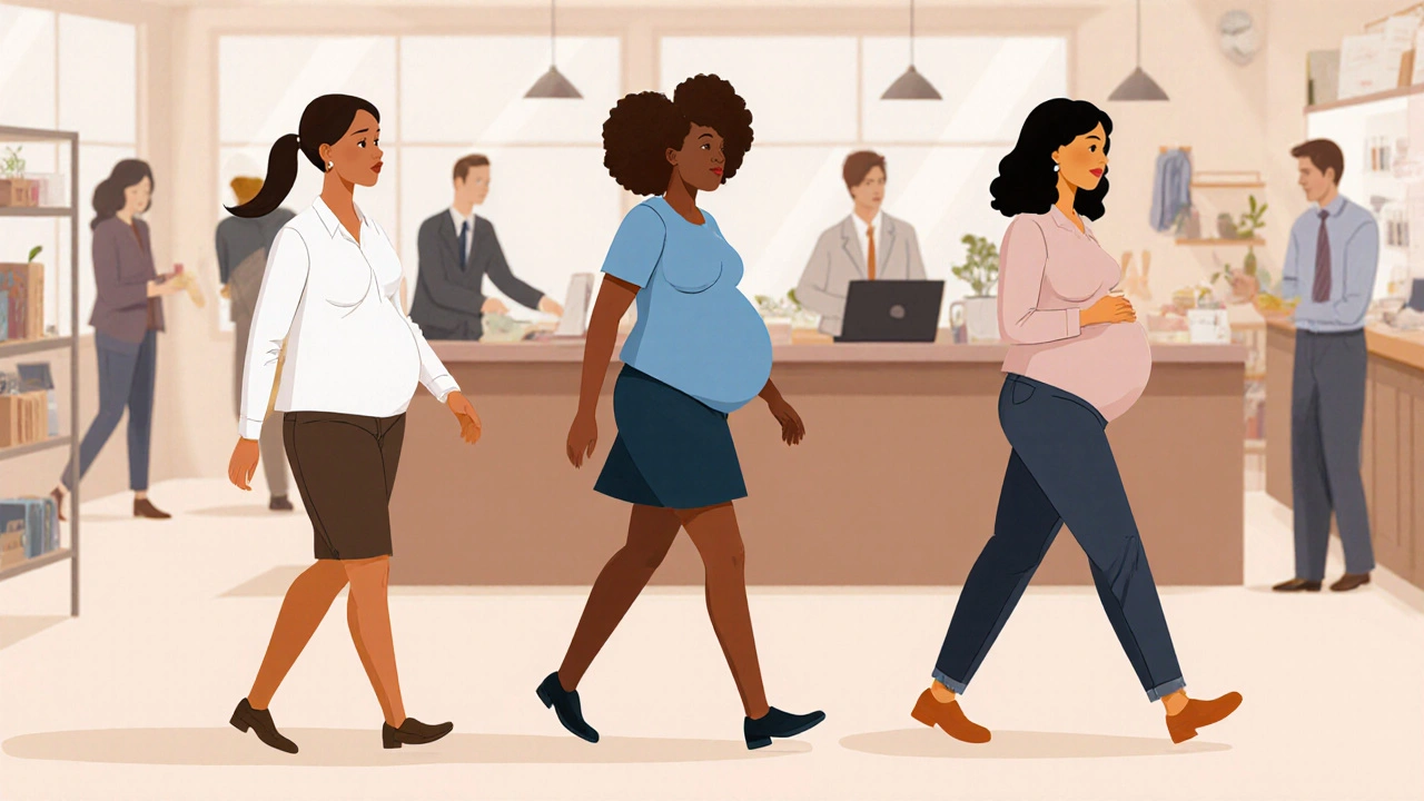 Tři těhotné ženy v různých pracovních prostředích využívají své právo na vycházky.