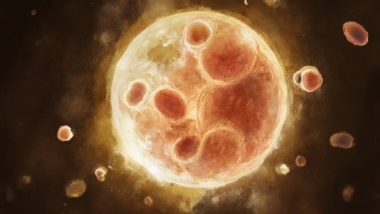 Umělecká reprezentace embryo velikosti hrášku s počátečními strukturami mozku a končetin.