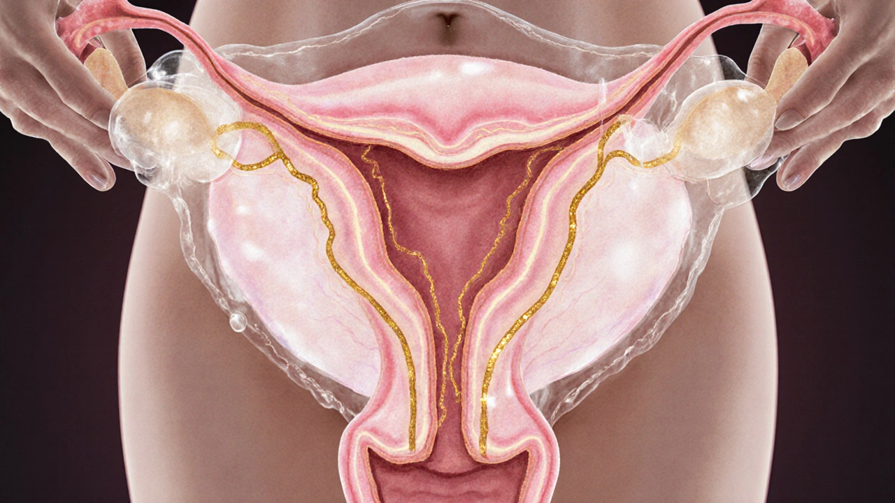Umělecké znázornění vnitřních orgánů během počátku těhotenství s zvýšeným výtokem.