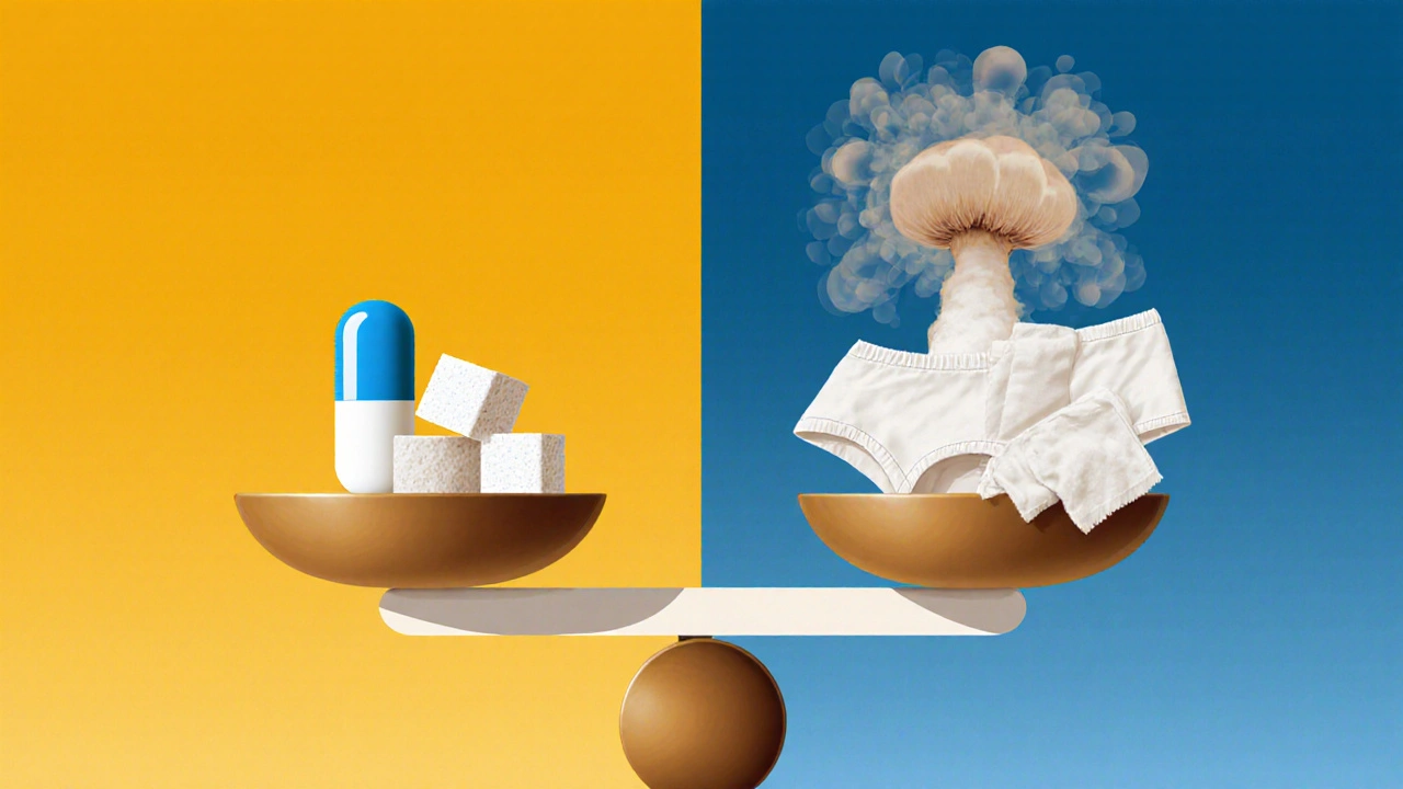 Váha s příznaky Candidy: zdravé prvky na jedné straně, rizikové na druhé.