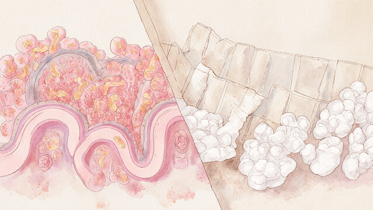 Vizuální znázornění rovnováhy mikroflóry pochvy: zdravé bakterie proti přebytku kvasinek.