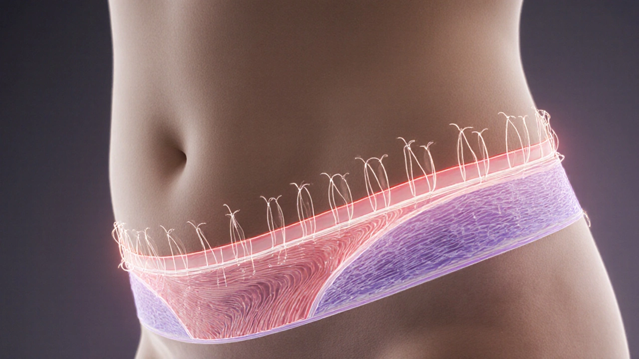 Vnitřní hojení po porodu: rozpuštěné stehy a obnovující se tkáně v břišní stěně.