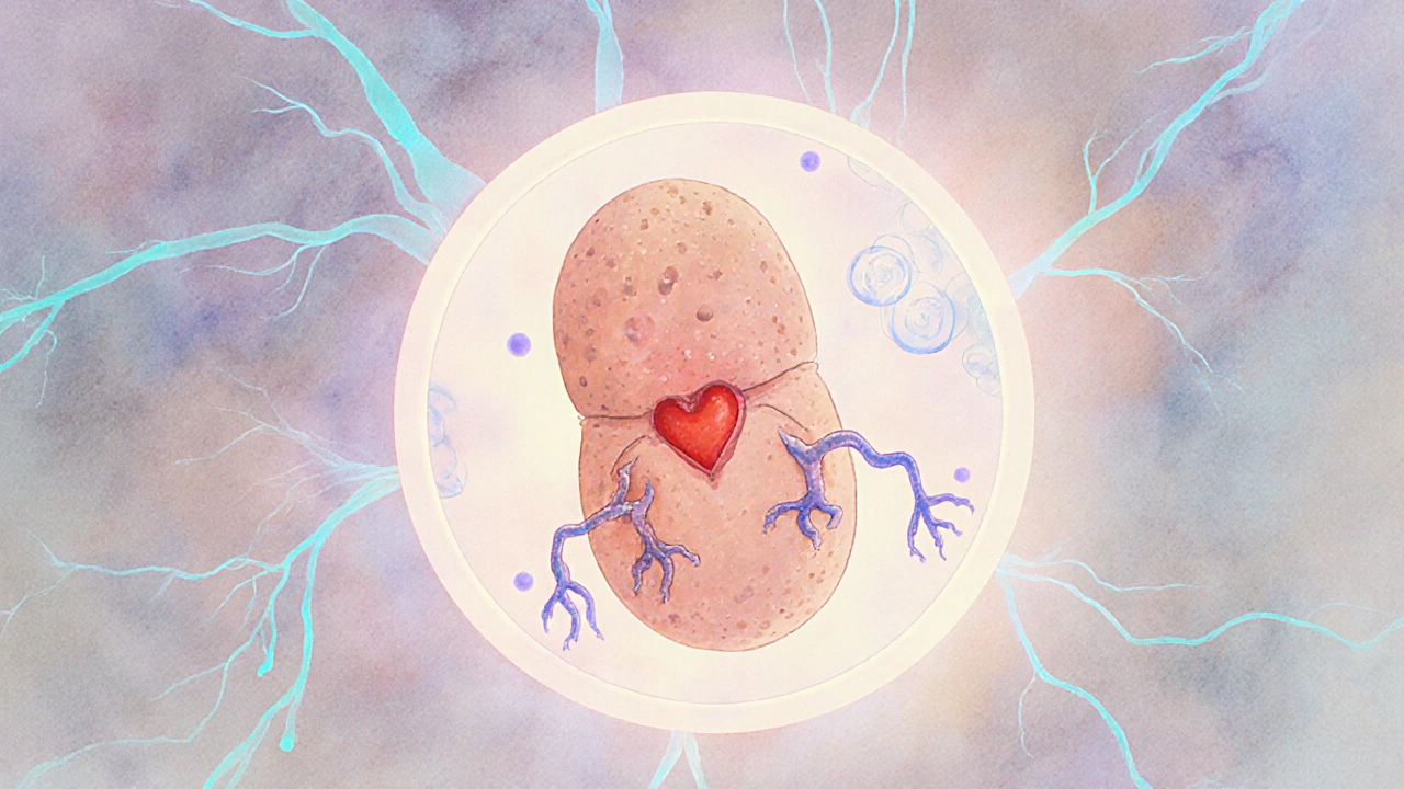 Vývoj plodu ve 7. týdnu, velikosti fazole, s viditelným tepem srdce a začínajícími končetinami.