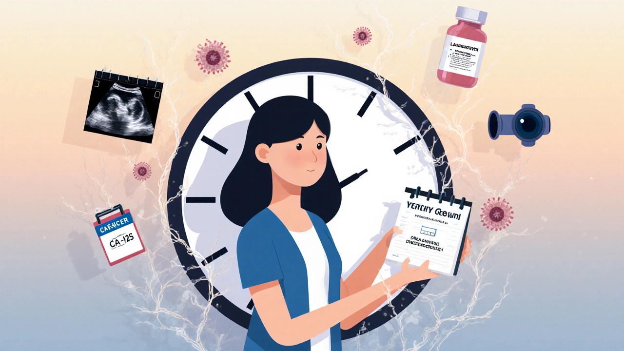 Woman holding preventive health items with fading cancer cells in background.