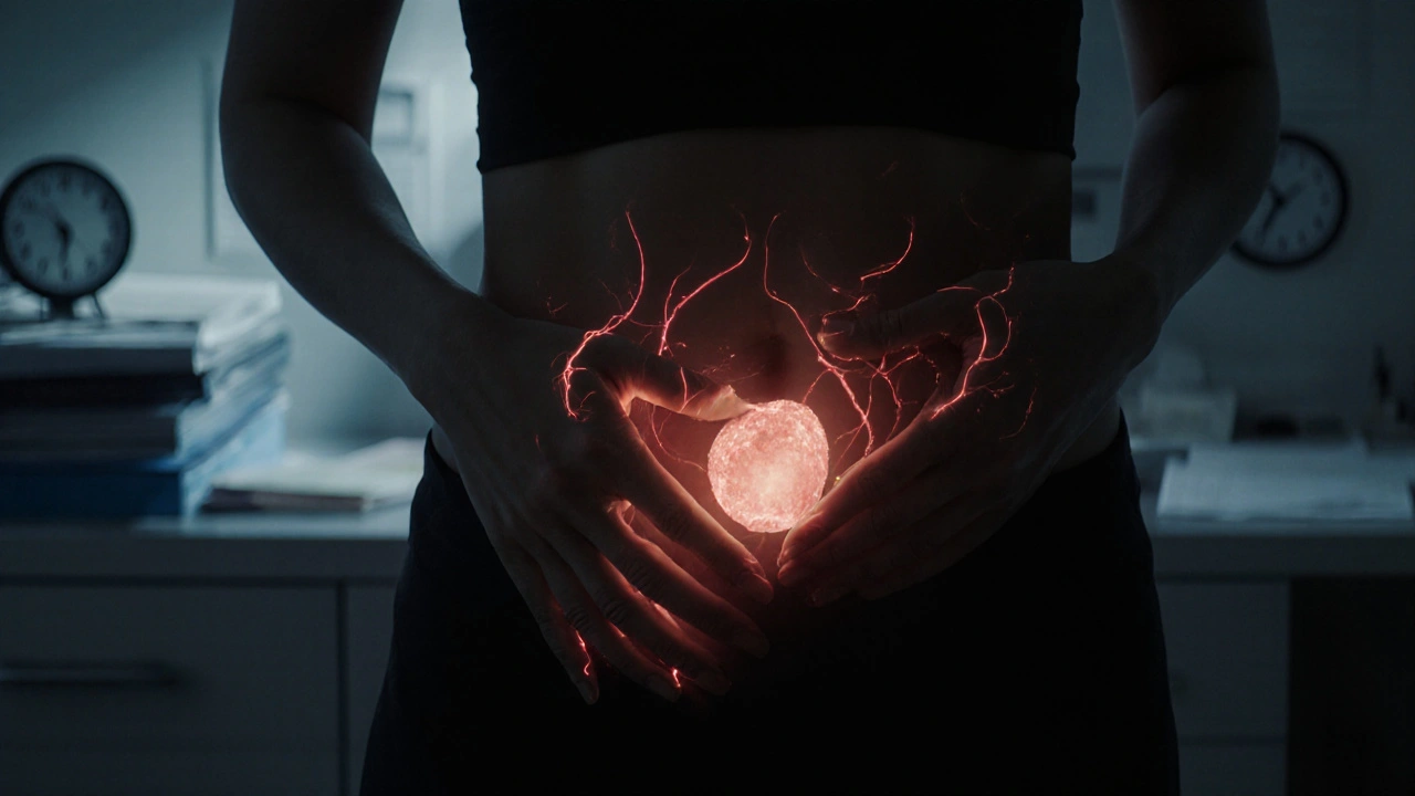 Žena drží břicho, z něj se rozšiřují červené chodbičky symbolizující růst rakoviny.