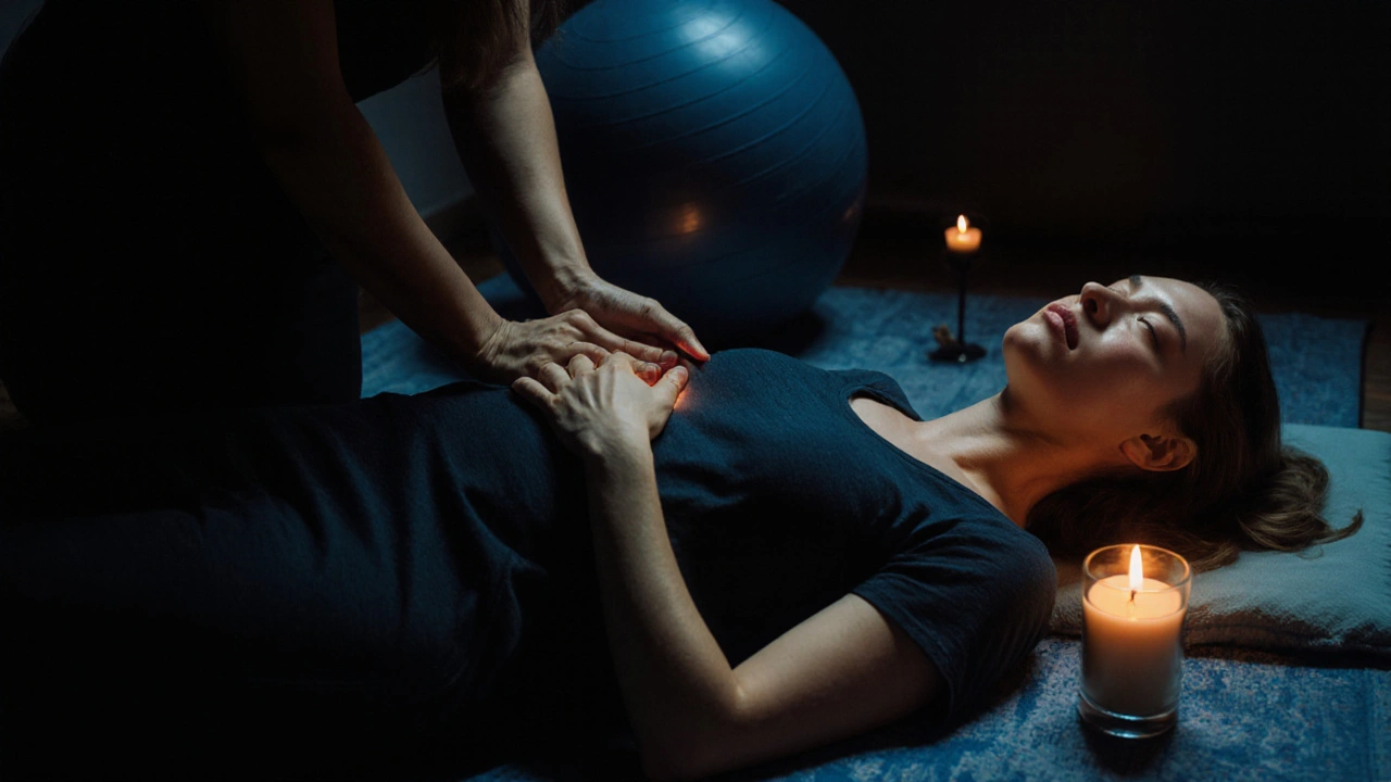 Žena leží na boku v klidné místnosti, kde ji masíruje porodní asistentka.